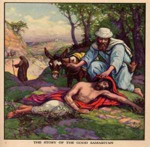 The Samaritan stops to help